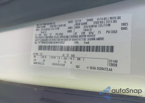 2020 Ford Transit-250 из США, поврежденный, VIN 1FTBR2CG8LKA01022